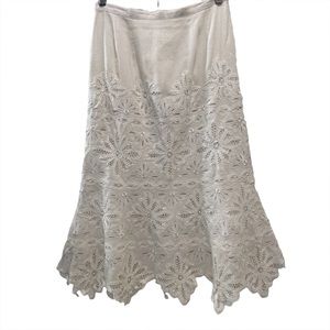 Way Women's Ivory White Eyelet Embroidered Linen Midi Skirt Size 8